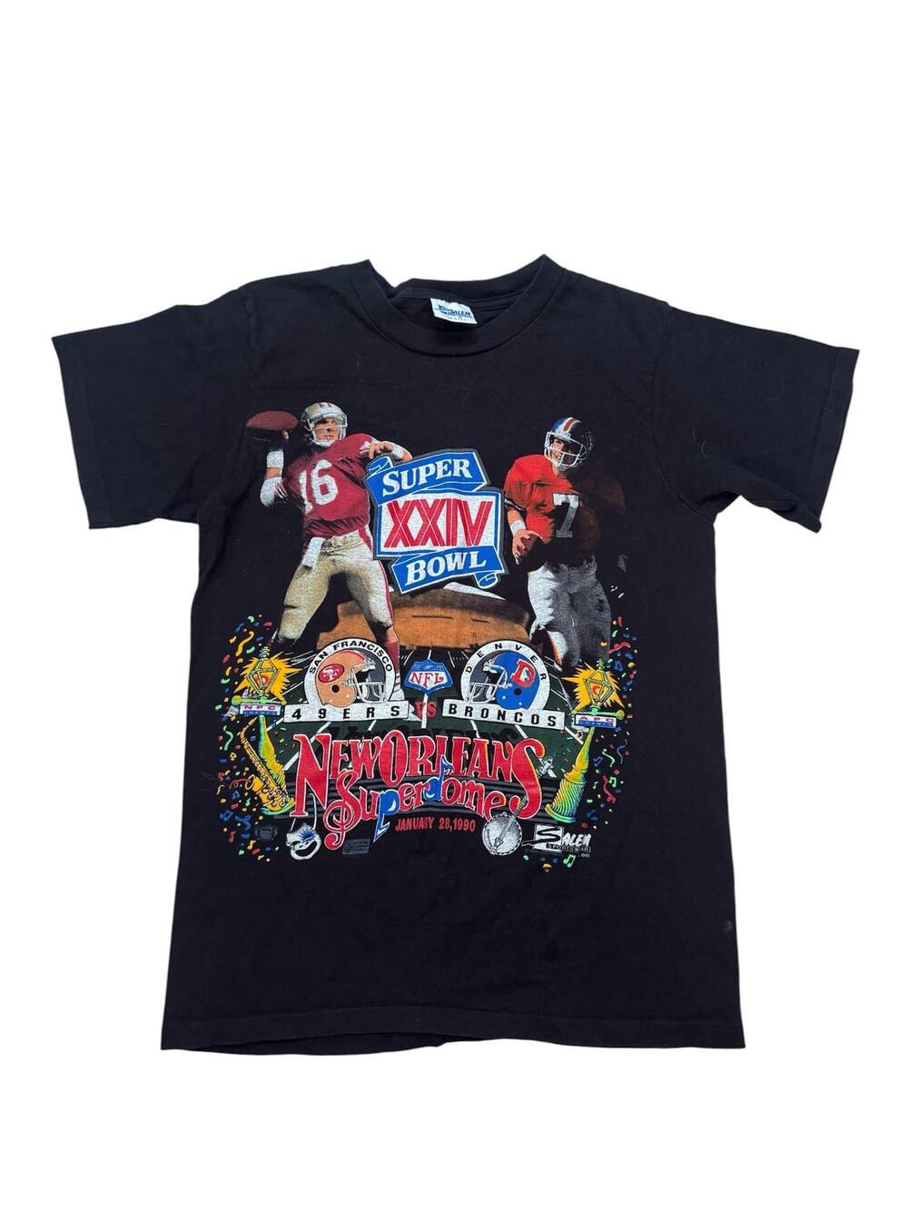 Vintage Super Bowl XXIV 1990 49ers vs Broncos Black Tee Size Medium Mens 40 NOLA